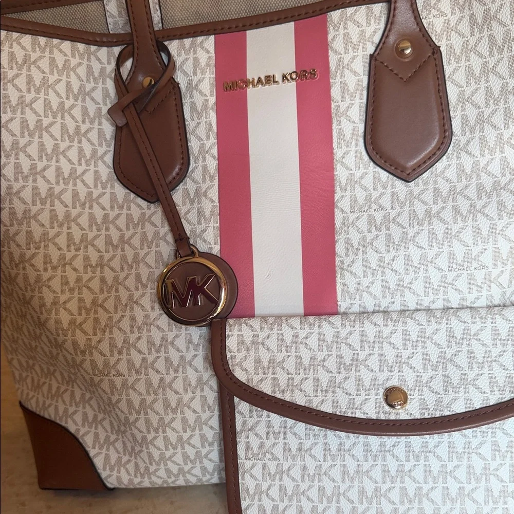Michael Kors Cream Signature Tote with Pink & White Stripe